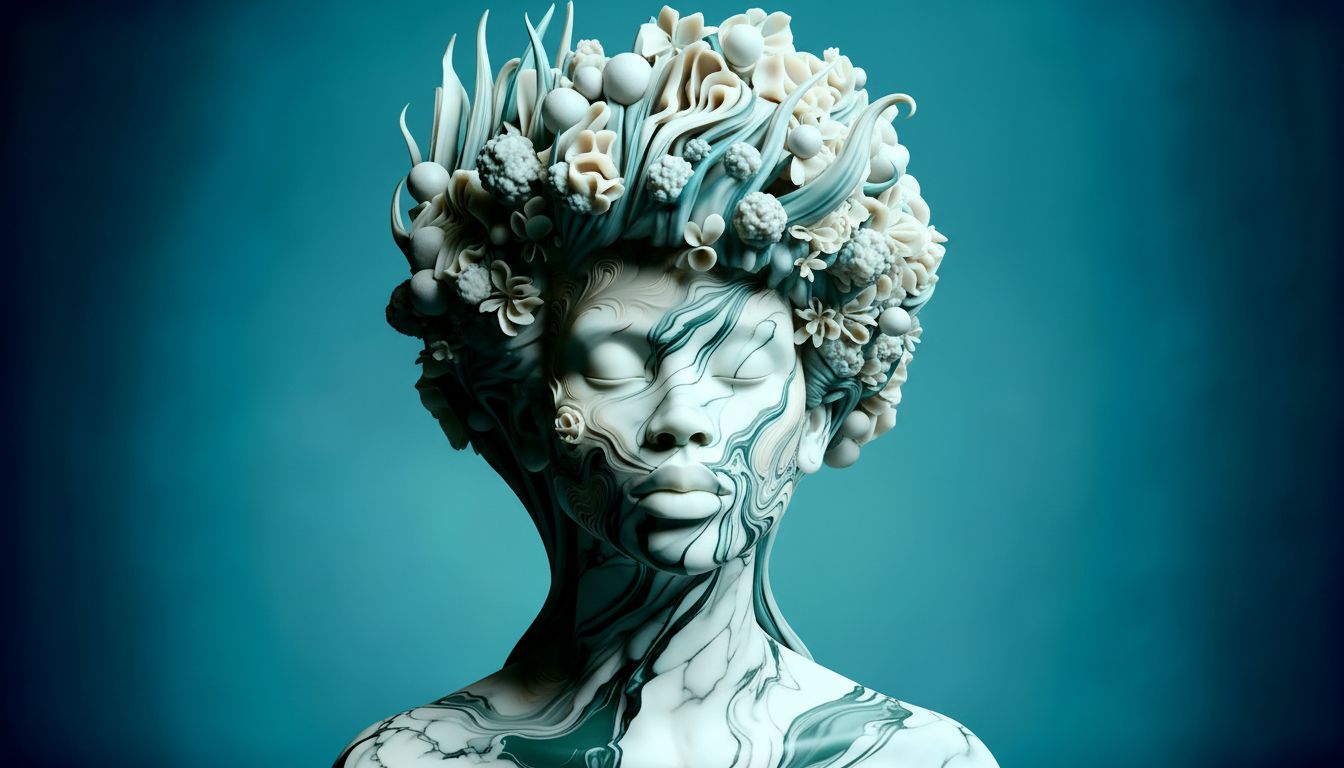 Sculpture en marbre vue de face frontale art contemporain creation Pixelbyart