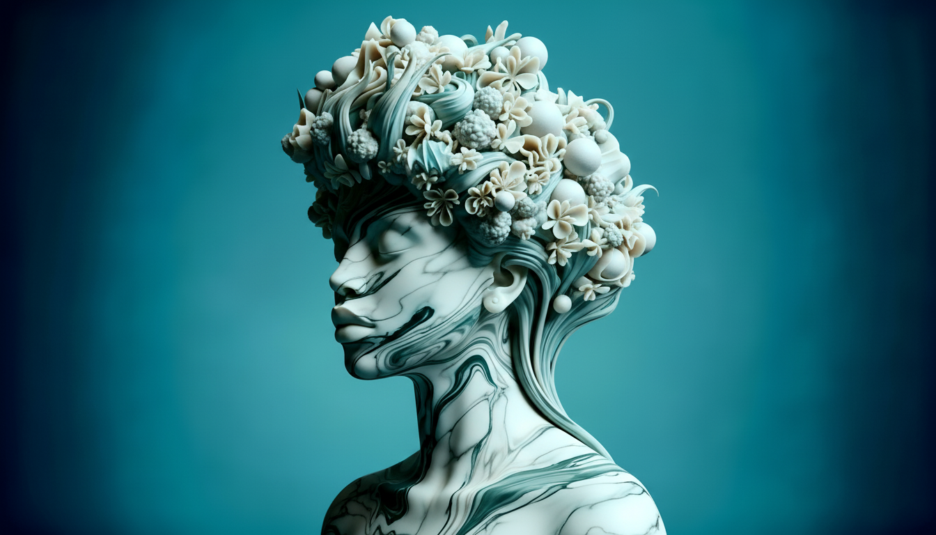 Sculpture marbre artistique vue trois quarts classique art contemporain creation Pixelbyart